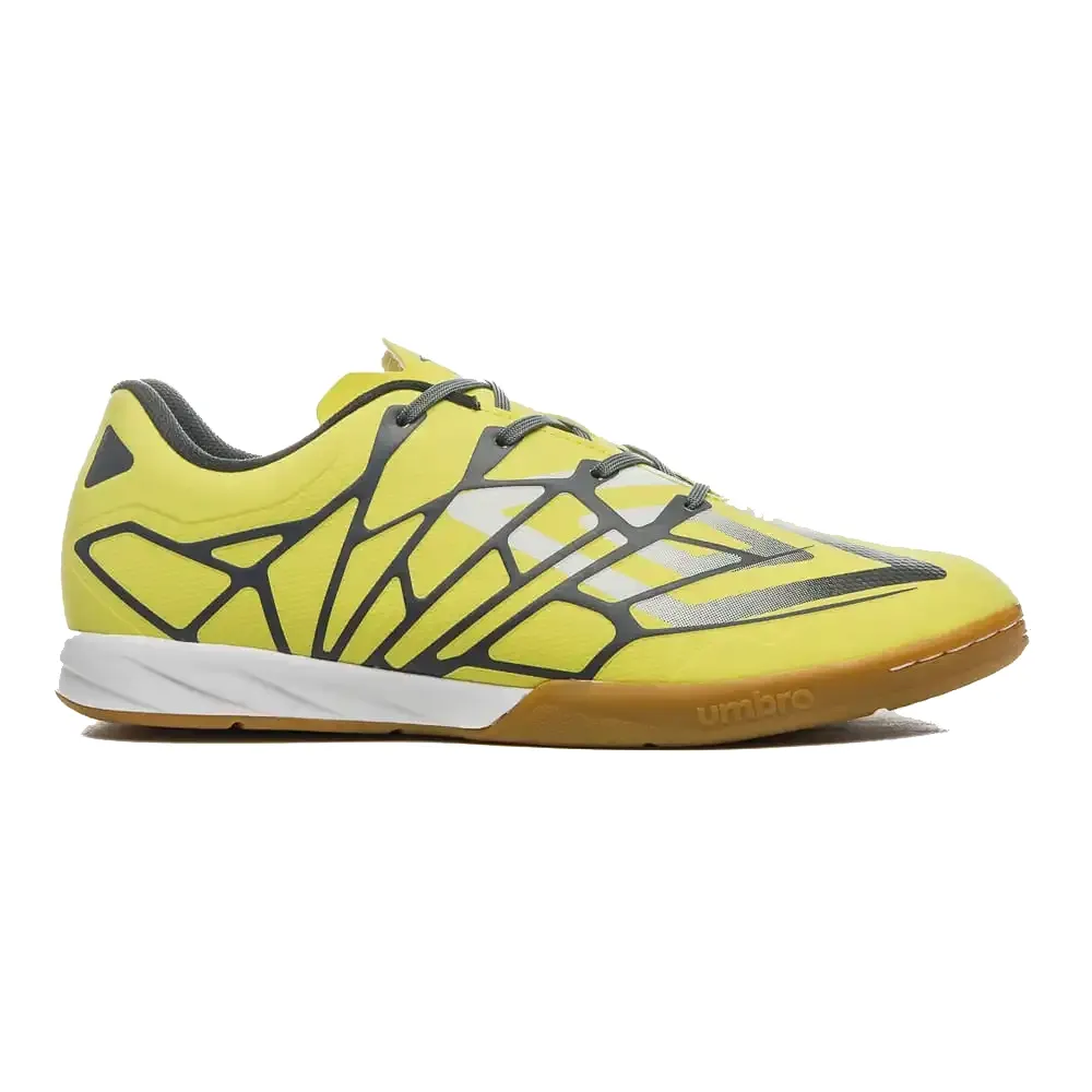 Chuteira masculina Umbro Alchemist amarela com detalhes cinza e preto vista lateral
